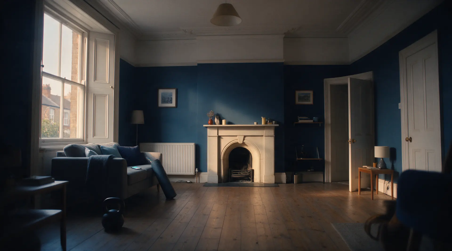 A quiet living room in late afternoon light with a phone glowing on the arm of the sofa.