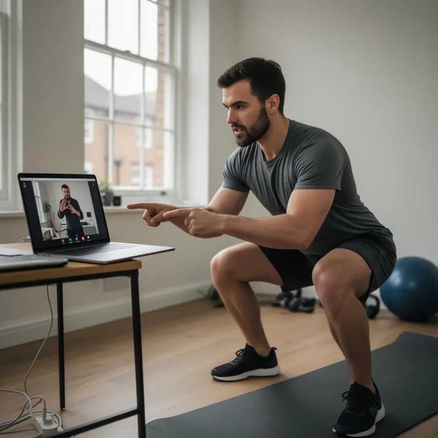 The Fuelist coach demonstrating a squat while a laptop on the desk shows the video call.